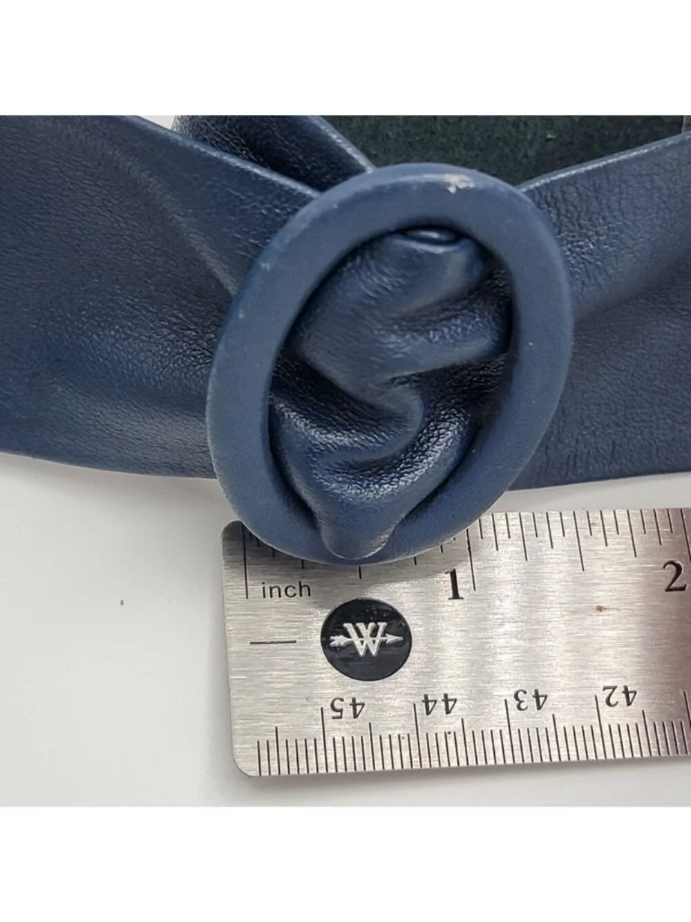 Vtg 50s Navy Blue  Leather Belt With Oval Knotted Buckle Design Adjustable Tie C